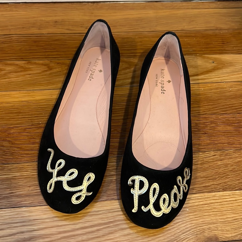 Kate spade black with gold lettering flats. Worn once, size 8, very comfortable!